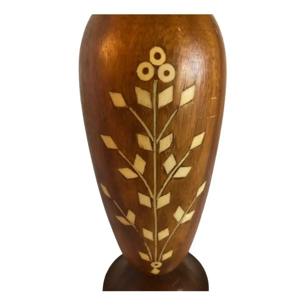 Vintage tall Wood Vase with White Bone inlaid design, hand crafted